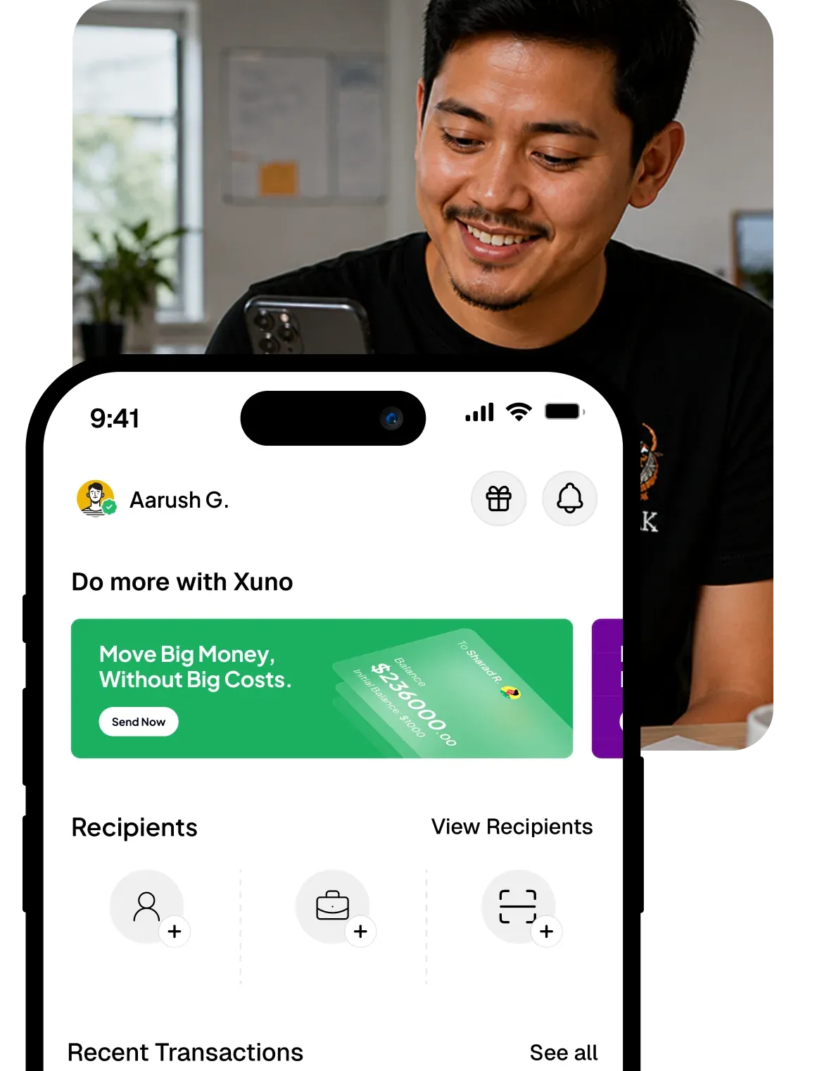 Man smiling while using the Xuno app on his phone, next to a Xuno virtual account card
