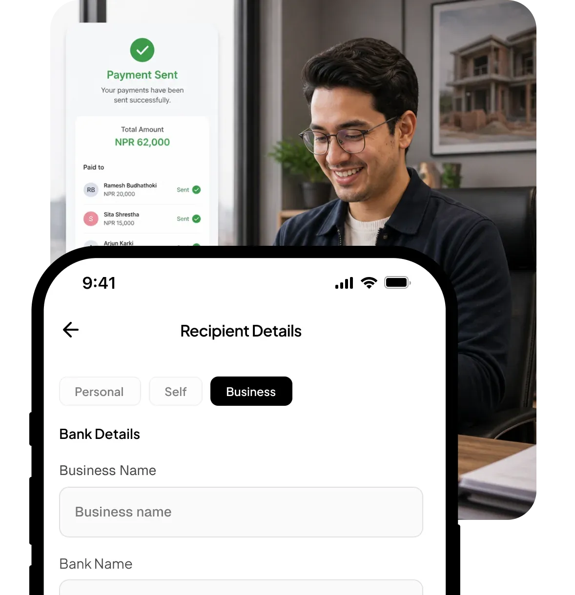 A business recipient setup screen beside a person reviewing payment details